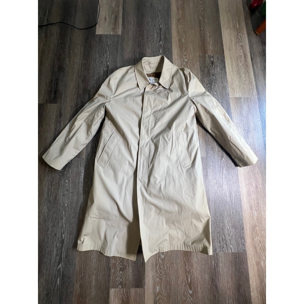 London Fog Trench Coat Mens 42 Long Tan Vintage Faux Fur Lined Maincoat Outer